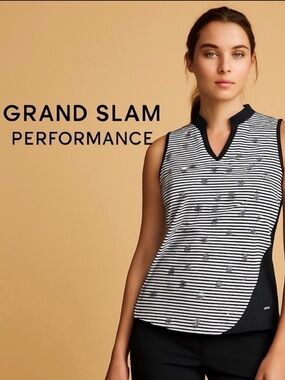 Grand Slam Performance Navy and White Striped Sleeveless Polo Shirt SZ: XL